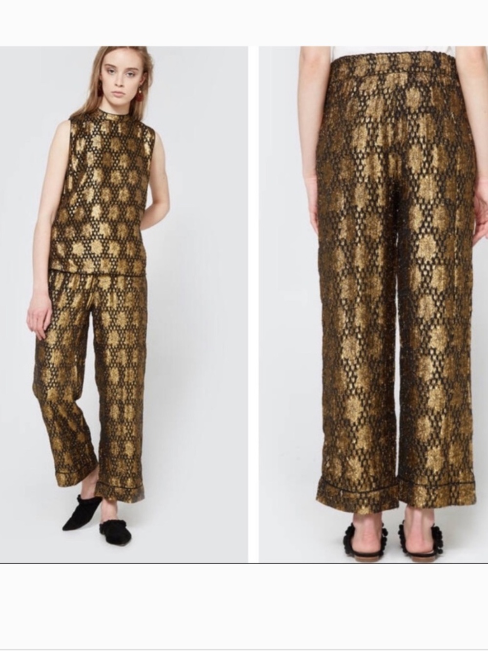 Ganni Emiko Gold Black Metallic Jacquard Trousers Straight Leg Pants 38/6